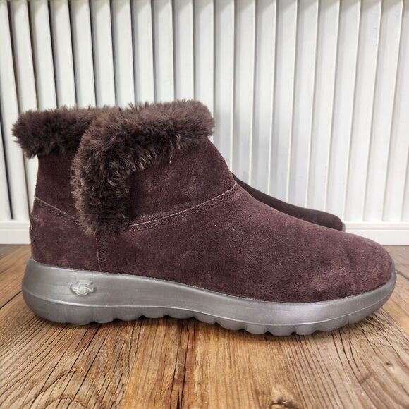 Skechers On The Go Joy Bundle Up Women Sz 9 Chocolate Brown Fur Trim Boots 15501 - Picture 1 of 10
